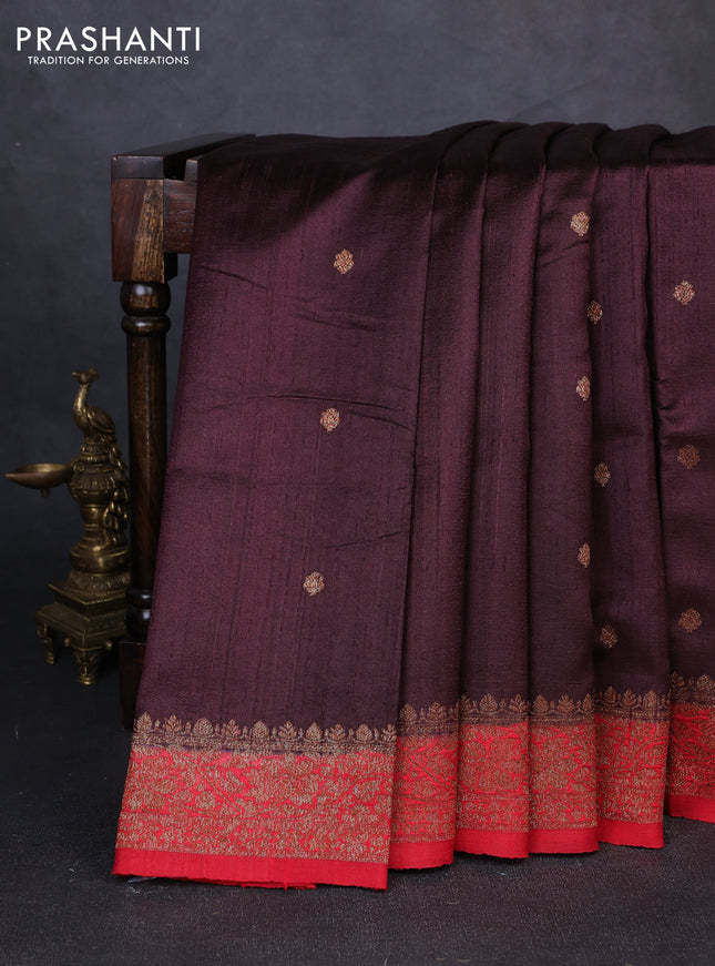Banarasi raw silk saree deep maroon and red with allover thread & zari woven buttas and thread & zari woven border