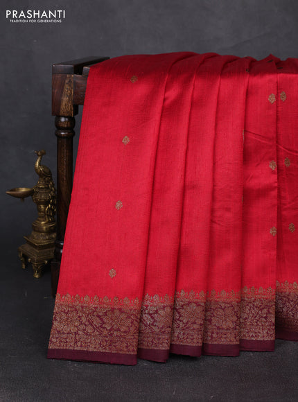 Banarasi raw silk saree red and deep maroon with allover thread & zari woven buttas and thread & zari woven border