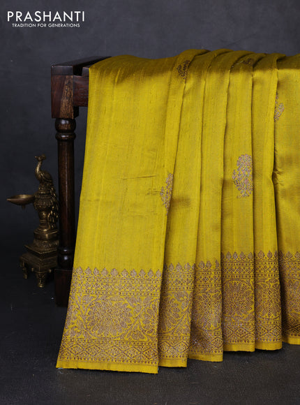 Banarasi raw silk saree lime yellow and pink with thread & zari woven buttas and long thread & zari woven border