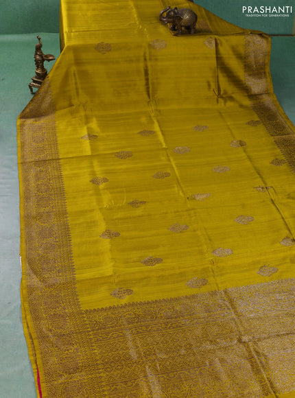 Banarasi raw silk saree lime yellow and pink with thread & zari woven buttas and long thread & zari woven border