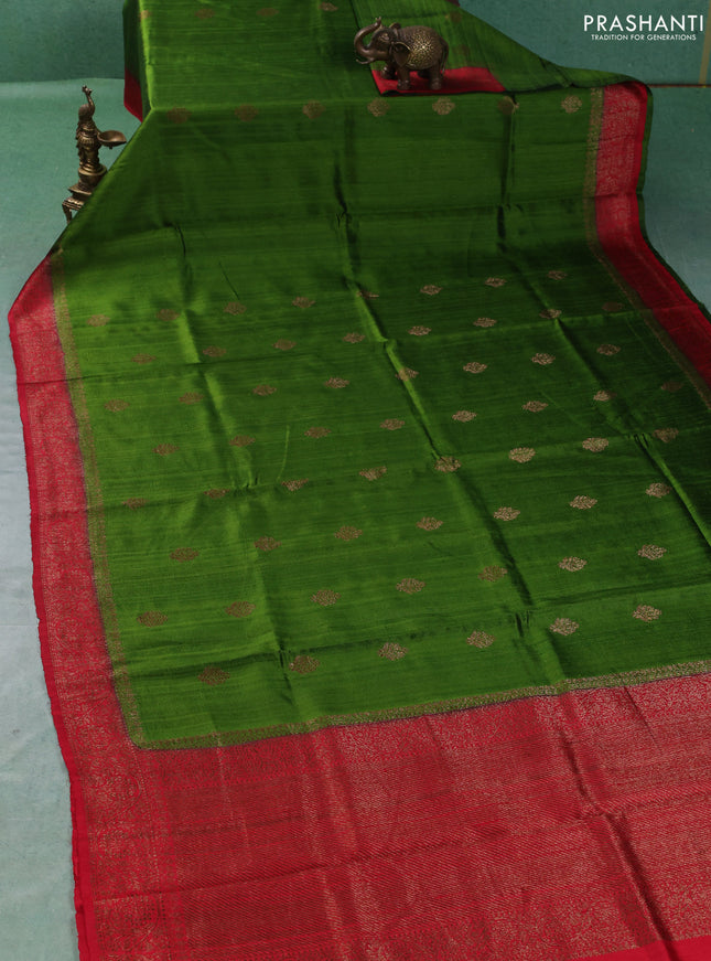 Banarasi raw silk saree light green and red with thread & zari woven buttas and thread & zari woven border
