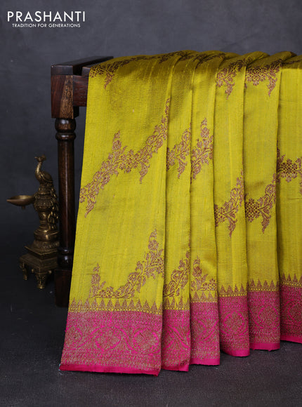Banarasi raw silk saree lime yellow and pink with allover thread & zari woven weaves and thread & zari woven border