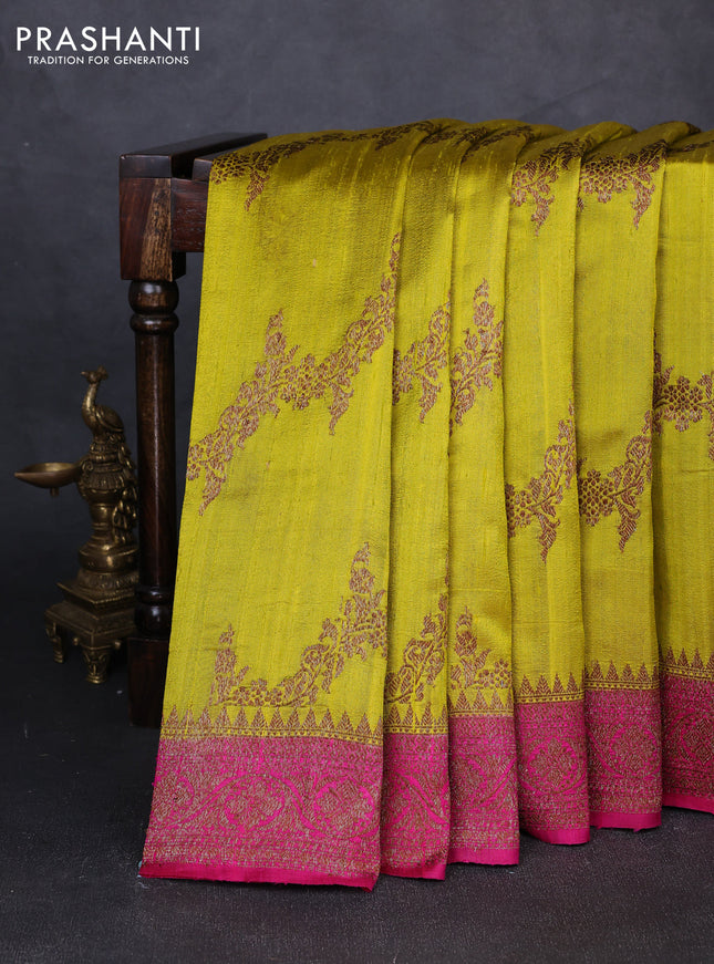 Banarasi raw silk saree lime yellow and pink with allover thread & zari woven weaves and thread & zari woven border