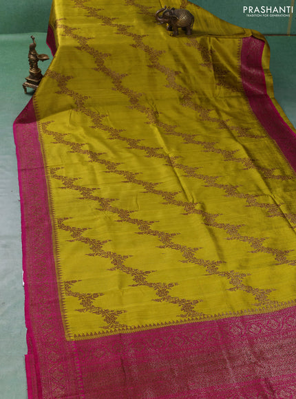 Banarasi raw silk saree lime yellow and pink with allover thread & zari woven weaves and thread & zari woven border