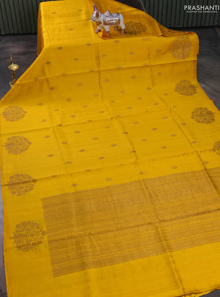 Banarasi raw silk saree mustard yellow with allover thread & zari woven buttas and thread & zari woven butta border