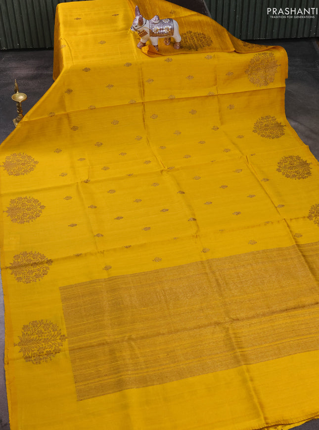 Banarasi raw silk saree mustard yellow with allover thread & zari woven buttas and thread & zari woven butta border