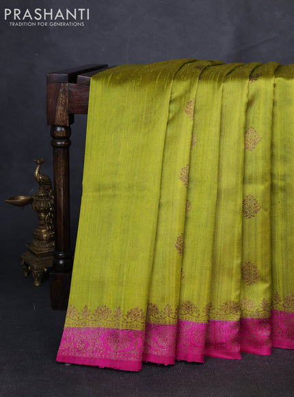 Banarasi raw silk saree lime green with allover thread & zari woven buttas and thread & zari woven butta border