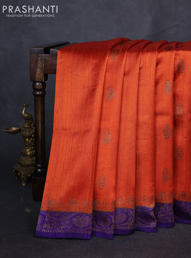 Banarasi raw silk saree orange and violet with allover thread & zari woven buttas and thread & zari woven butta border