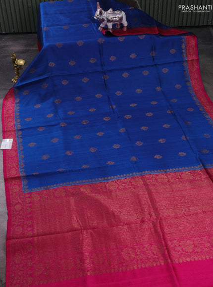 Banarasi raw silk saree peacock blue and pink with allover thread & zari woven buttas and thread & zari woven butta border