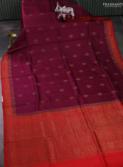 Banarasi raw silk saree wine and red with allover thread & zari woven buttas and thread & zari woven butta border