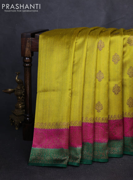Banarasi raw silk saree lime yellow and green with allover thread & zari woven buttas and long thread & zari woven border