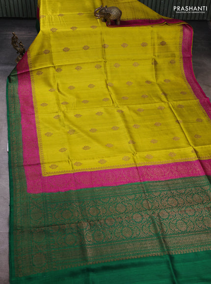 Banarasi raw silk saree lime yellow and green with allover thread & zari woven buttas and long thread & zari woven border