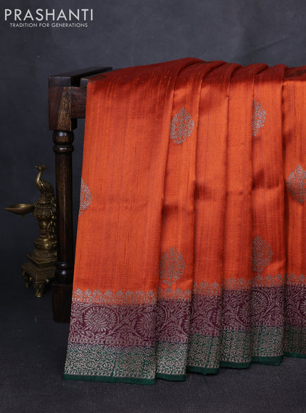 Banarasi raw silk saree rustic orange and green with thread & zari woven buttas and long thread & zari woven border