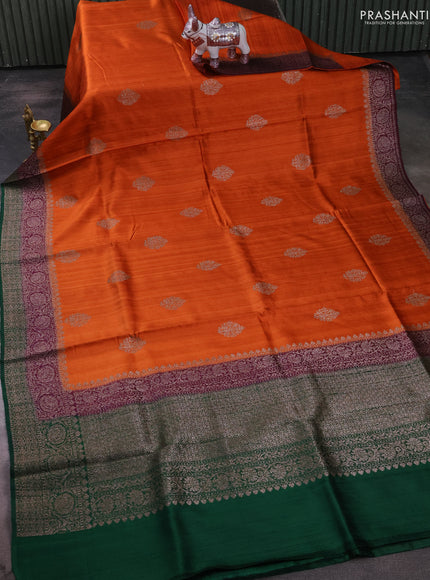 Banarasi raw silk saree rustic orange and green with thread & zari woven buttas and long thread & zari woven border