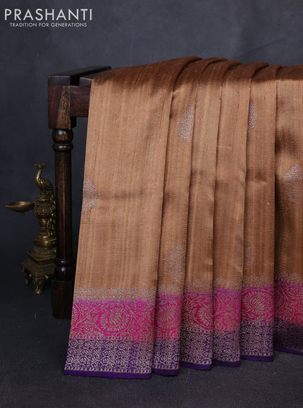 Banarasi raw silk saree brown shade and violet with thread & zari woven buttas and long thread & zari woven border