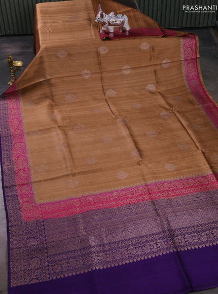 Banarasi raw silk saree brown shade and violet with thread & zari woven buttas and long thread & zari woven border