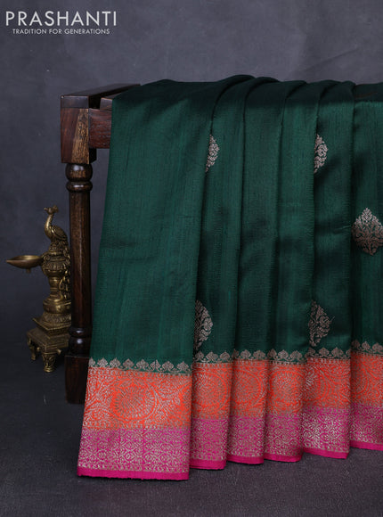 Banarasi raw silk saree green and pink with thread & zari woven buttas and long thread & zari woven border