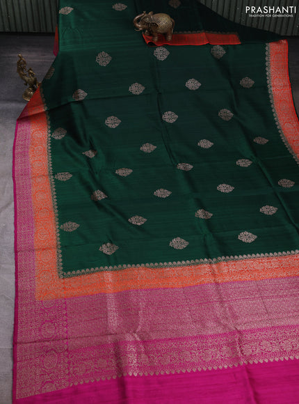 Banarasi raw silk saree green and pink with thread & zari woven buttas and long thread & zari woven border