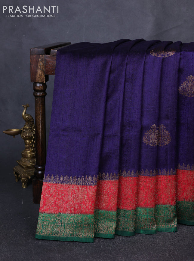 Banarasi raw silk saree navy blue and green with thread & zari woven buttas and long thread & zari woven border