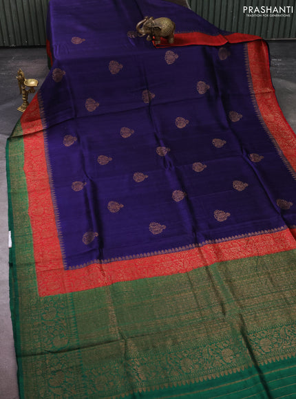 Banarasi raw silk saree navy blue and green with thread & zari woven buttas and long thread & zari woven border