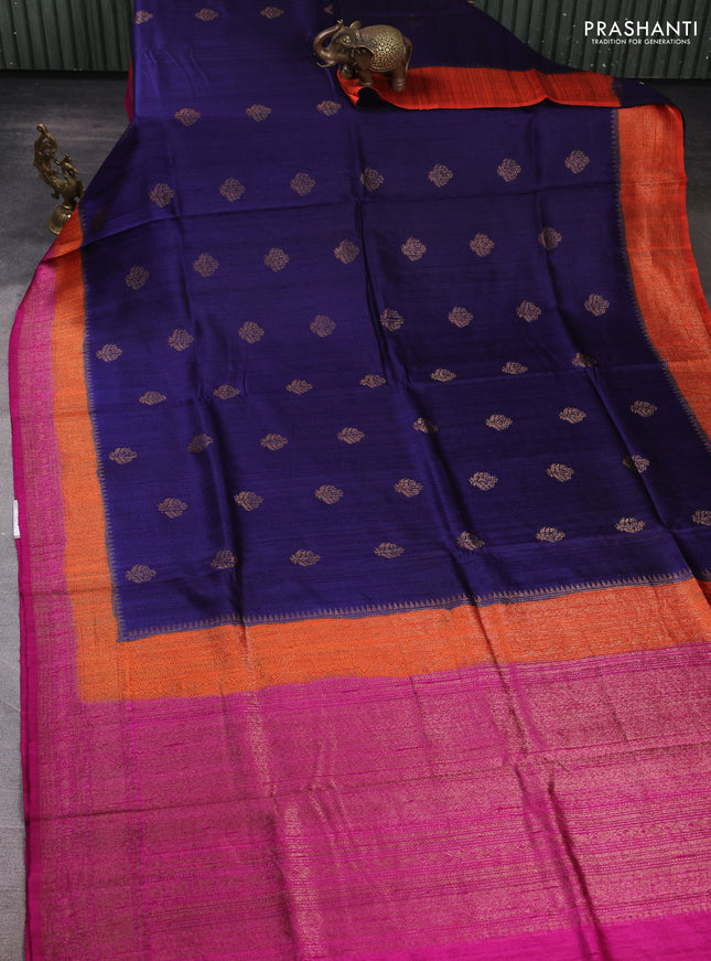 Banarasi raw silk saree navy blue and pink with allover thread & zari woven buttas and long thread & zari woven border