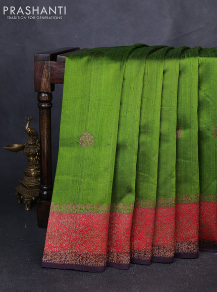 Banarasi raw silk saree light green and deep jamun with thread & zari woven buttas and long thread & zari woven border