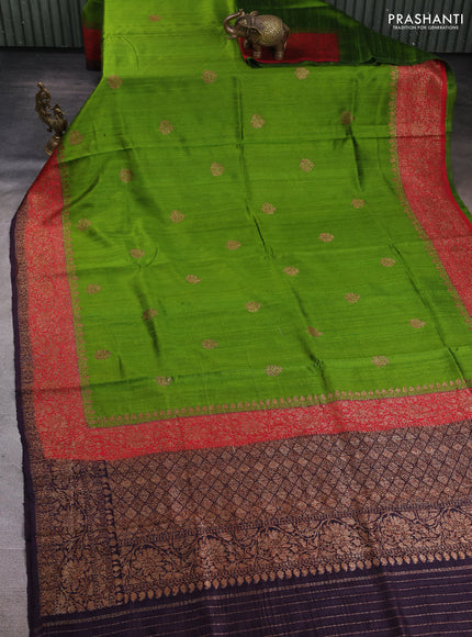 Banarasi raw silk saree light green and deep jamun with thread & zari woven buttas and long thread & zari woven border