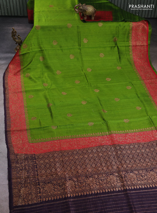 Banarasi raw silk saree light green and deep jamun with thread & zari woven buttas and long thread & zari woven border