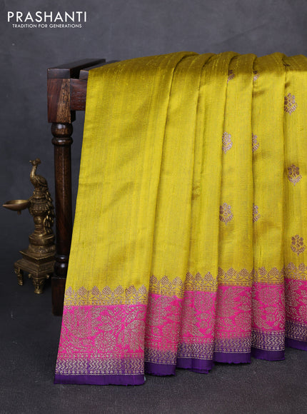 Banarasi raw silk saree mustard green and violet with allover thread & zari woven buttas and long thread & zari woven border