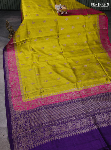 Banarasi raw silk saree mustard green and violet with allover thread & zari woven buttas and long thread & zari woven border