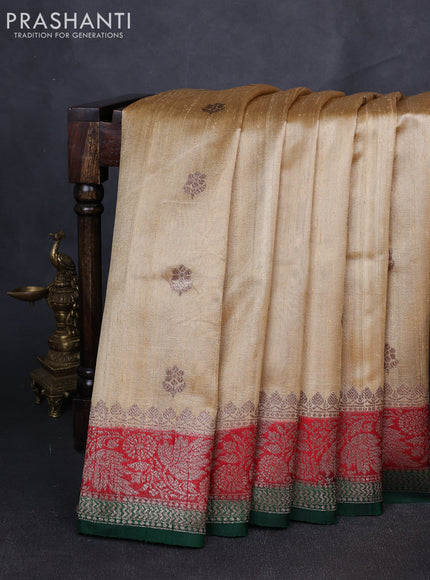 Banarasi raw silk saree sandal and green with allover thread & zari woven buttas and long thread & zari woven border