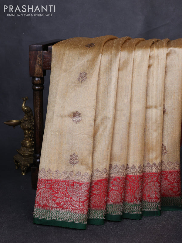 Banarasi raw silk saree sandal and green with allover thread & zari woven buttas and long thread & zari woven border