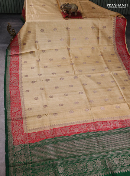 Banarasi raw silk saree sandal and green with allover thread & zari woven buttas and long thread & zari woven border