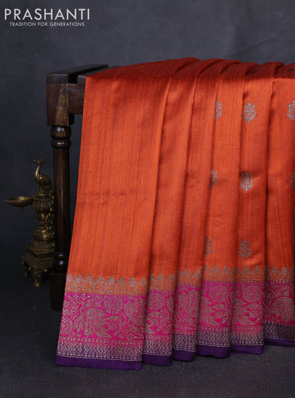 Banarasi raw silk saree rustic orange and violet with allover thread & zari woven buttas and long thread & zari woven border