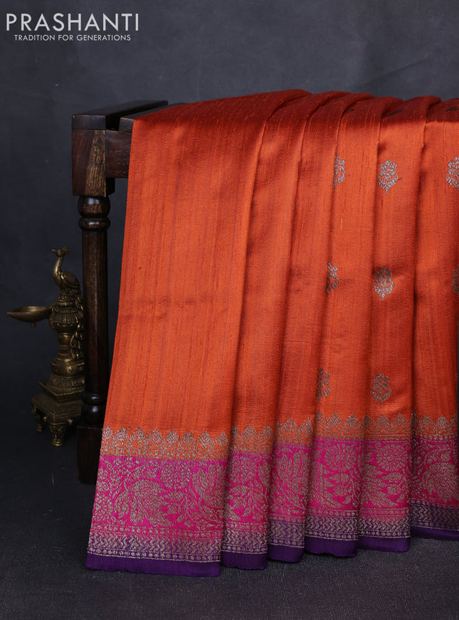 Banarasi raw silk saree rustic orange and violet with allover thread & zari woven buttas and long thread & zari woven border