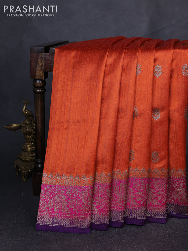 Banarasi raw silk saree rustic orange and violet with allover thread & zari woven buttas and long thread & zari woven border