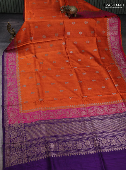 Banarasi raw silk saree rustic orange and violet with allover thread & zari woven buttas and long thread & zari woven border