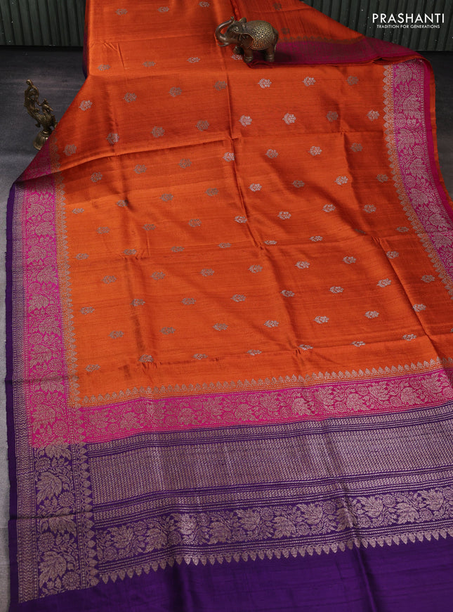 Banarasi raw silk saree rustic orange and violet with allover thread & zari woven buttas and long thread & zari woven border