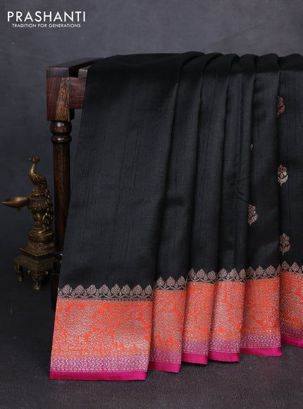 Banarasi raw silk saree black and pink with allover thread & zari woven buttas and long thread & zari woven border
