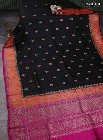 Banarasi raw silk saree black and pink with allover thread & zari woven buttas and long thread & zari woven border