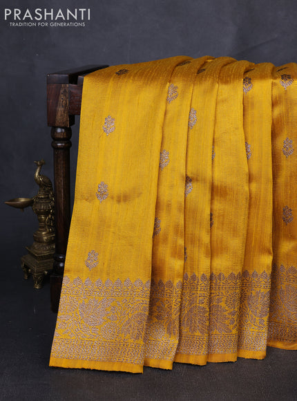 Banarasi raw silk saree mustard yellow with allover thread & zari woven buttas and long thread & zari woven border