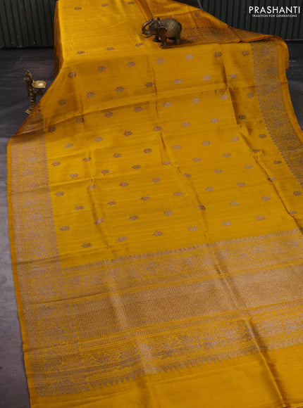 Banarasi raw silk saree mustard yellow with allover thread & zari woven buttas and long thread & zari woven border