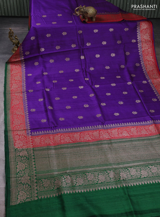 Banarasi raw silk saree purple and green with allover thread & zari woven buttas and long thread & zari woven border