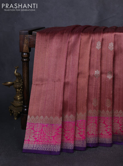 Banarasi raw silk saree rosy brown and violet with allover thread & zari woven buttas and long thread & zari woven border