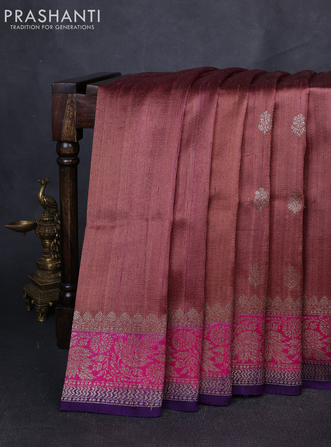 Banarasi raw silk saree rosy brown and violet with allover thread & zari woven buttas and long thread & zari woven border