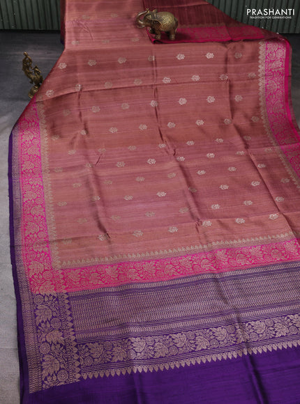 Banarasi raw silk saree rosy brown and violet with allover thread & zari woven buttas and long thread & zari woven border