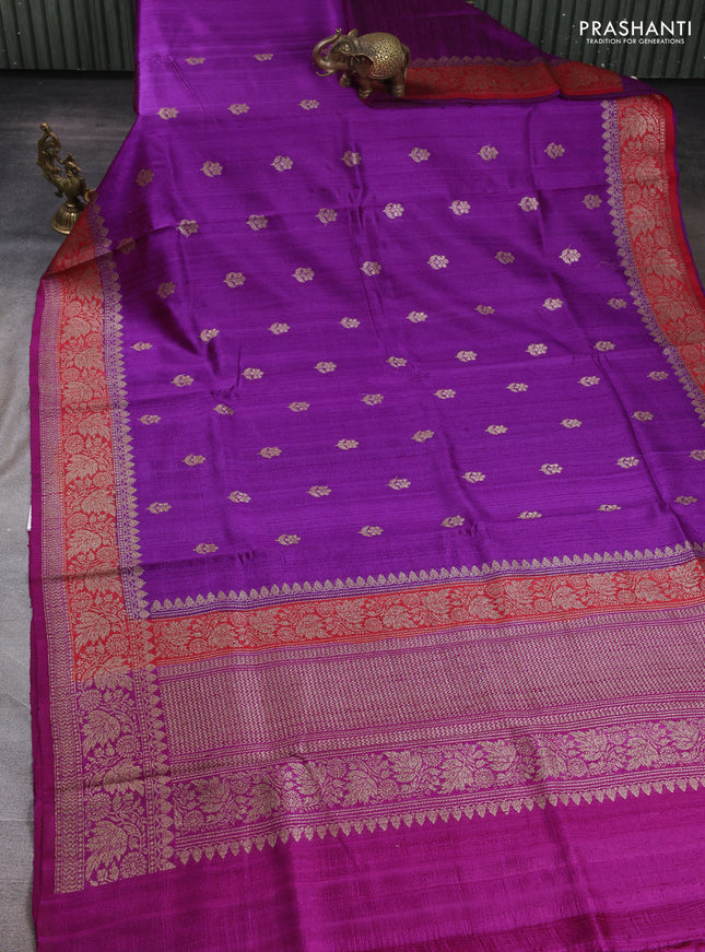 Banarasi raw silk saree purple and pink with allover thread & zari woven buttas and long thread & zari woven border