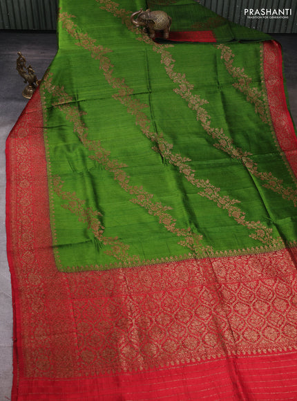 Banarasi raw silk saree light green and red with allover thread & zari woven weaves and thread & zari woven border