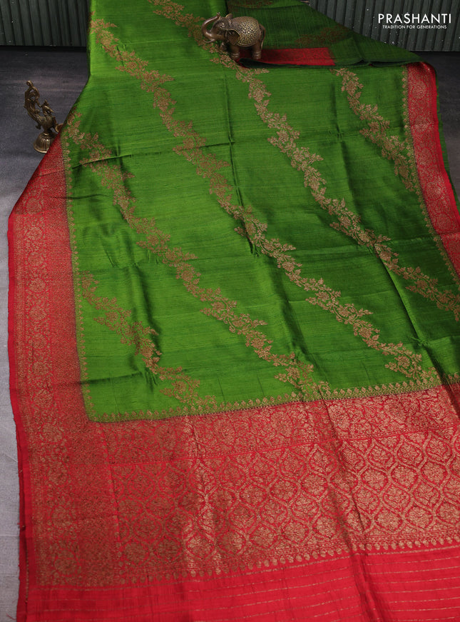 Banarasi raw silk saree light green and red with allover thread & zari woven weaves and thread & zari woven border
