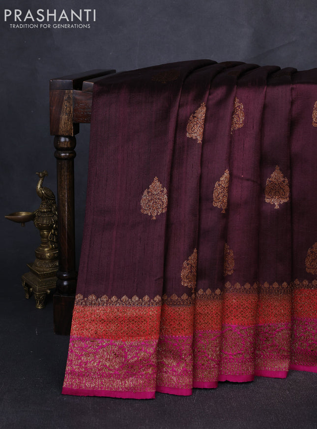 Banarasi raw silk saree deep maroon and pink with thread & zari woven buttas and long thread & zari woven border